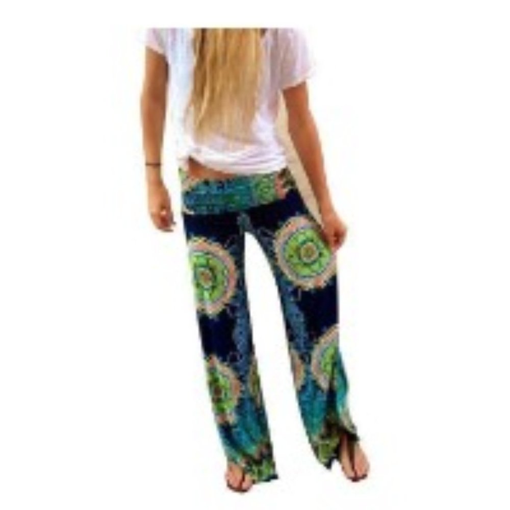 Vicabo XL 14 Boho Floral Casual Pants in Navy Lime